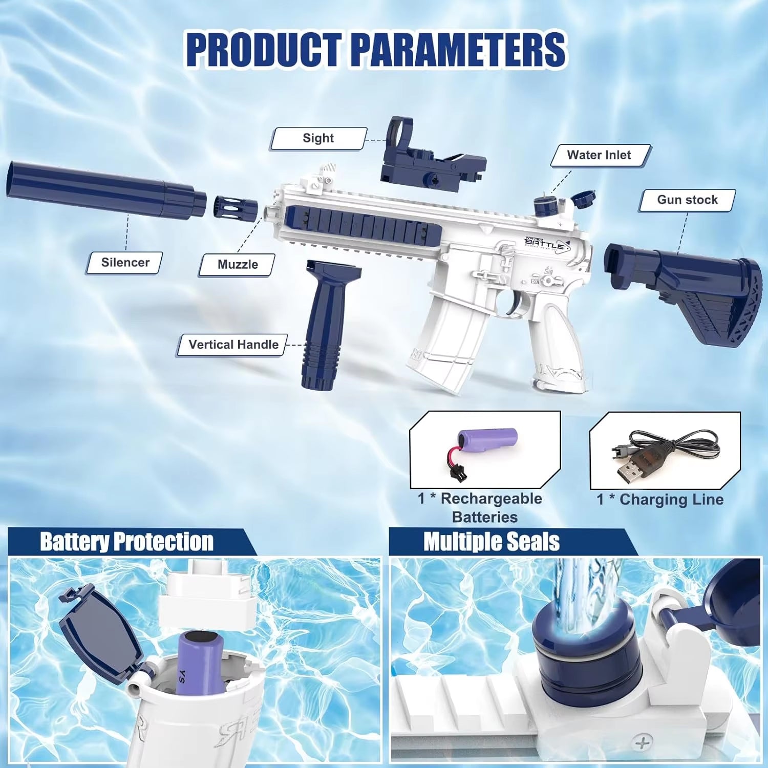 Unilabo M416 Electric Water Gun - Battery Powered with External Water Bottle Attachment - Perfect for Kids & Adults Outdoor Fun